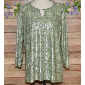 Emily Daniels Ladies Green Metallic Speckled 3/4 Sleeve Blouse Top Size L V-Neck